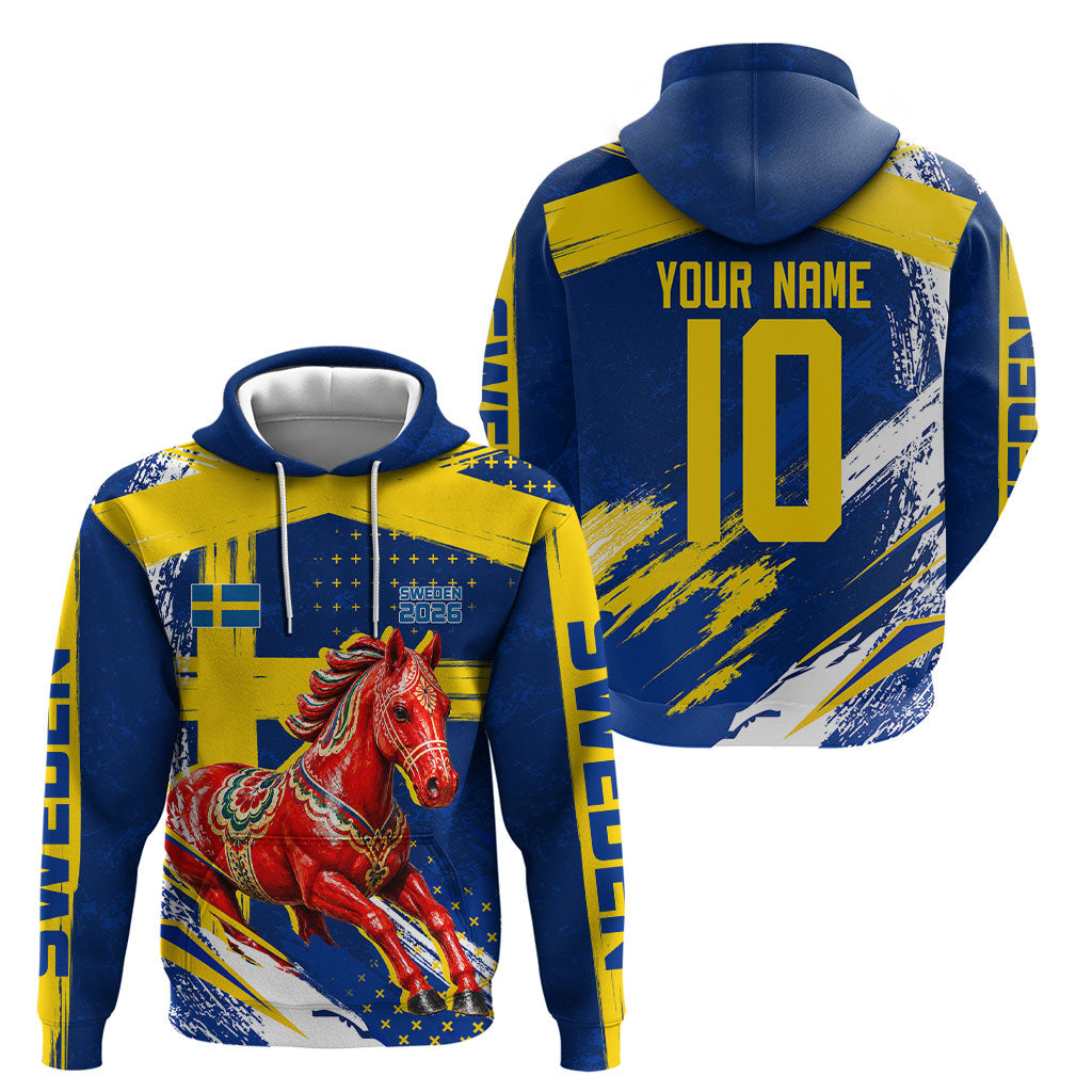 Personalized Sweden Dala Horse Soccer 2026 Hoodie Grunge Swedish Flag Brush Strokes
