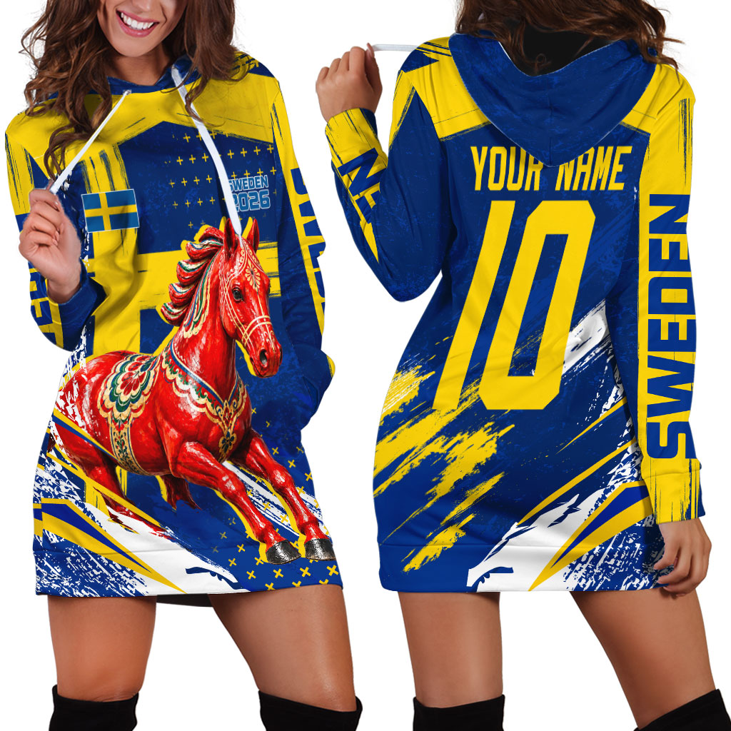 Personalized Sweden Dala Horse Soccer 2026 Hoodie Dress Grunge Swedish Flag Brush Strokes