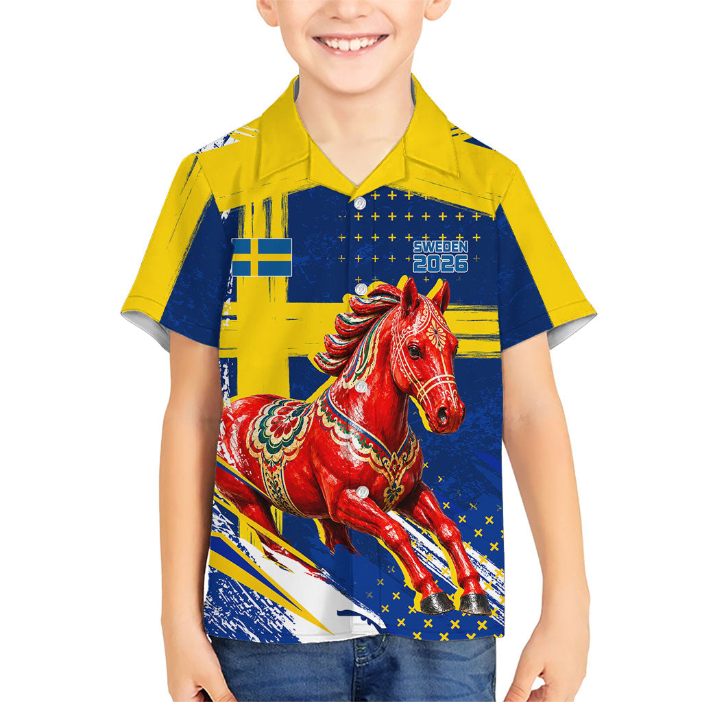 Personalized Sweden Dala Horse Soccer 2026 Kid Hawaiian Shirt Grunge Swedish Flag Brush Strokes