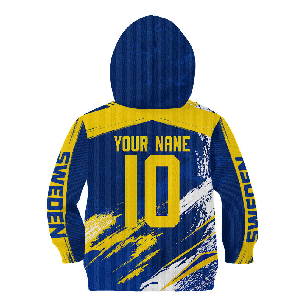 Personalized Sweden Dala Horse Soccer 2026 Kid Hoodie Grunge Swedish Flag Brush Strokes