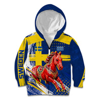 Personalized Sweden Dala Horse Soccer 2026 Kid Hoodie Grunge Swedish Flag Brush Strokes