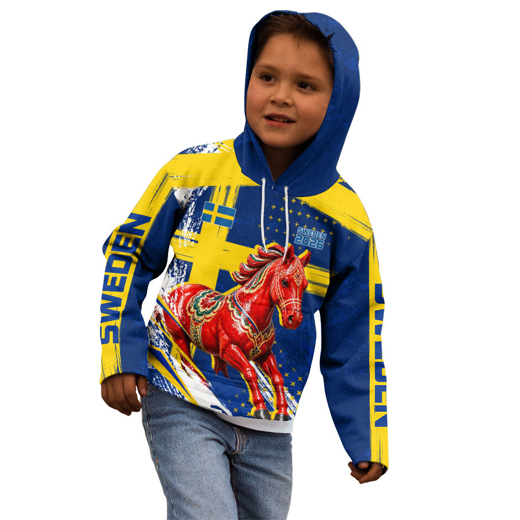 Personalized Sweden Dala Horse Soccer 2026 Kid Hoodie Grunge Swedish Flag Brush Strokes