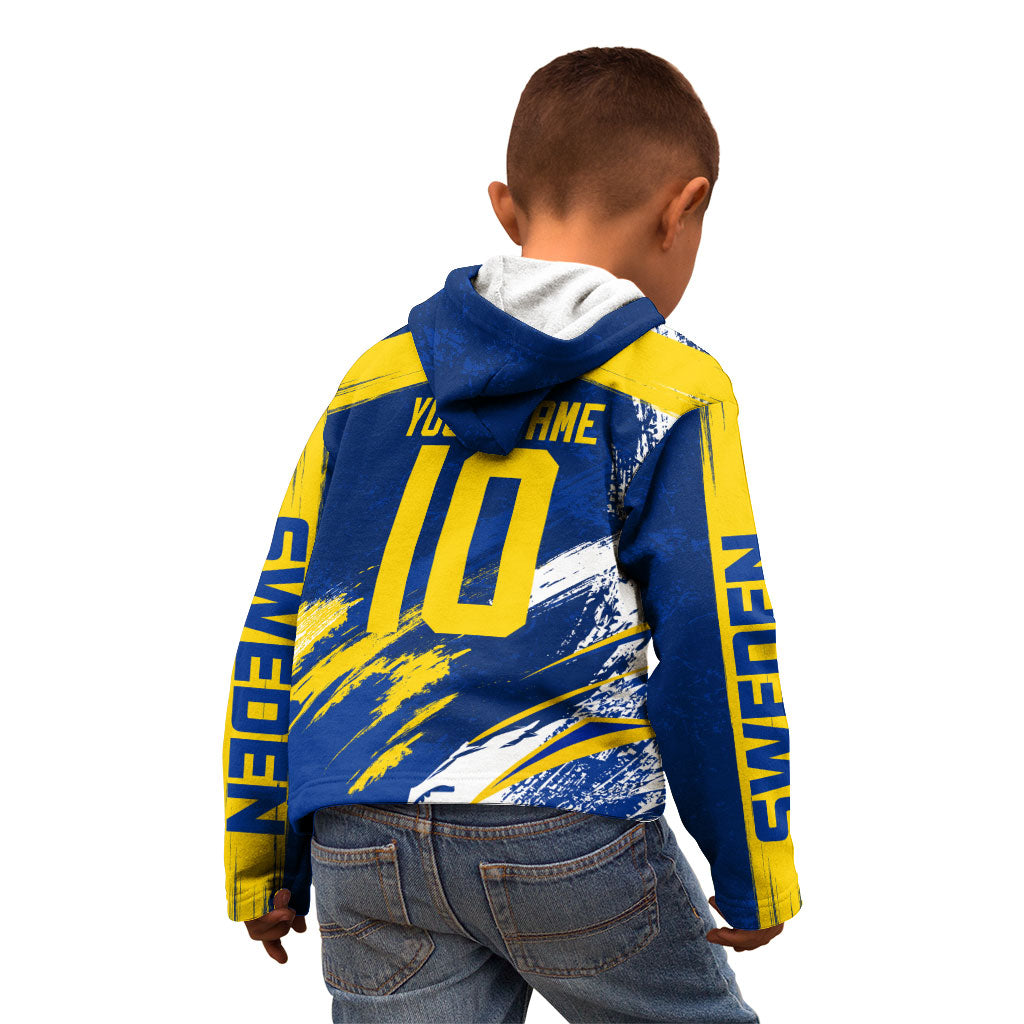 Personalized Sweden Dala Horse Soccer 2026 Kid Hoodie Grunge Swedish Flag Brush Strokes