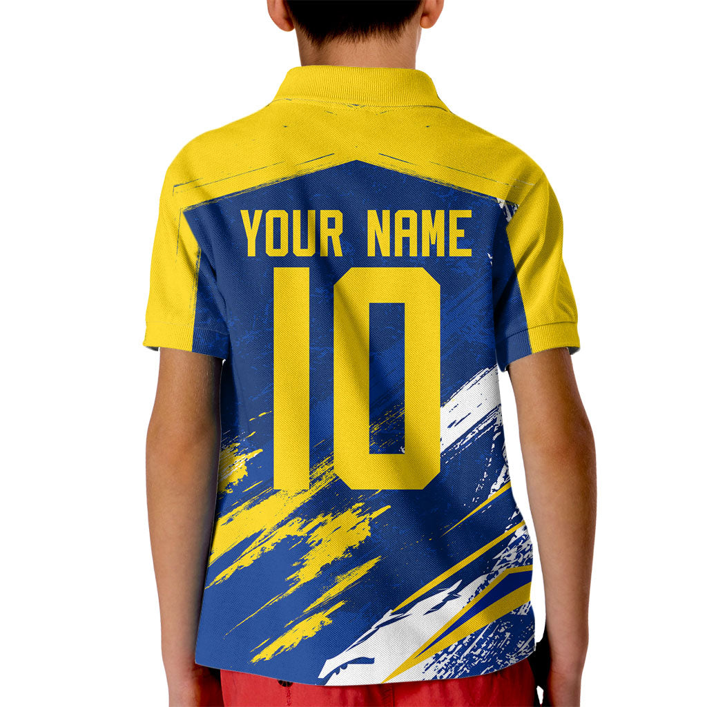 Personalized Sweden Dala Horse Soccer 2026 Kid Polo Shirt Grunge Swedish Flag Brush Strokes