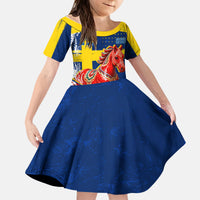 Personalized Sweden Dala Horse Soccer 2026 Kid Short Sleeve Dress Grunge Swedish Flag Brush Strokes