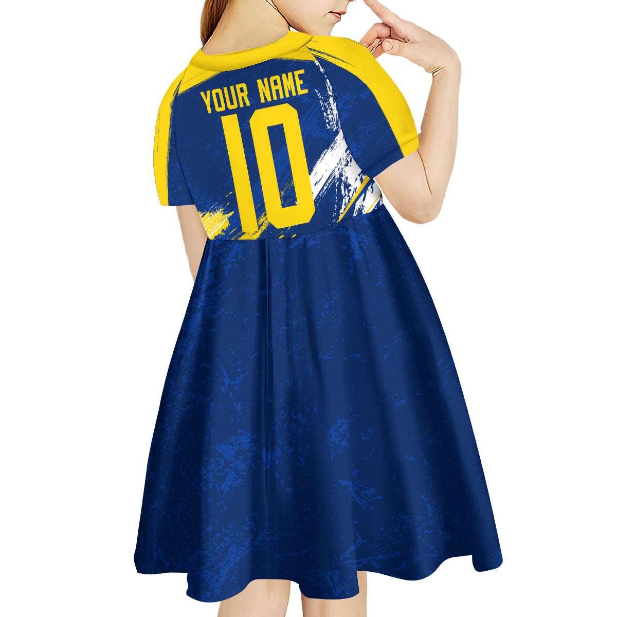 Personalized Sweden Dala Horse Soccer 2026 Kid Short Sleeve Dress Grunge Swedish Flag Brush Strokes
