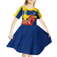 Personalized Sweden Dala Horse Soccer 2026 Kid Short Sleeve Dress Grunge Swedish Flag Brush Strokes