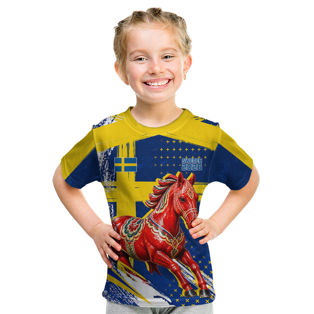 Personalized Sweden Dala Horse Soccer 2026 Kid T Shirt Grunge Swedish Flag Brush Strokes