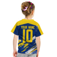 Personalized Sweden Dala Horse Soccer 2026 Kid T Shirt Grunge Swedish Flag Brush Strokes