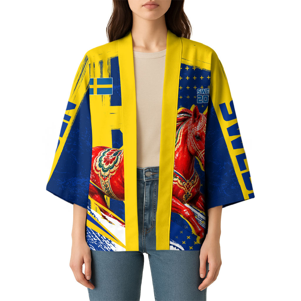 Personalized Sweden Dala Horse Soccer 2026 Kimono Grunge Swedish Flag Brush Strokes
