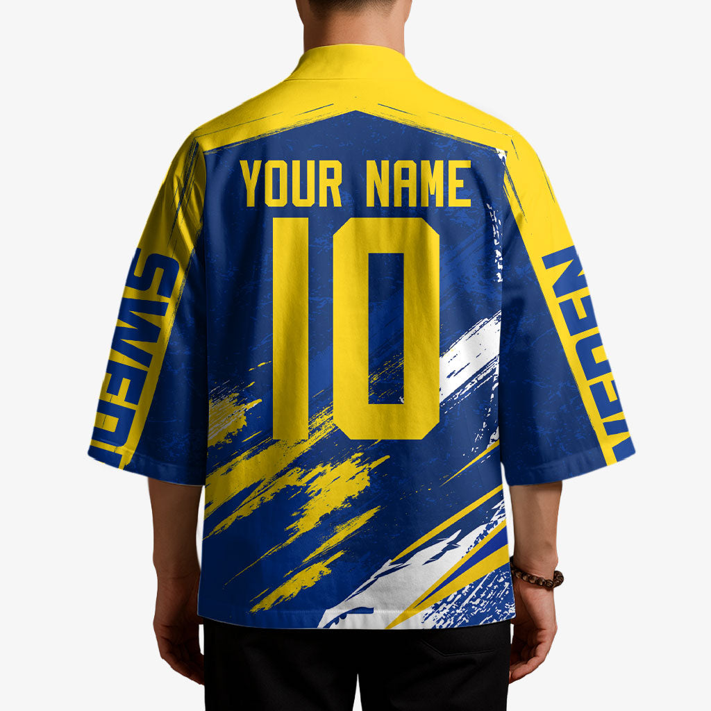 Personalized Sweden Dala Horse Soccer 2026 Kimono Grunge Swedish Flag Brush Strokes