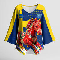 Personalized Sweden Dala Horse Soccer 2026 Kimono Sleeve Blouse Grunge Swedish Flag Brush Strokes