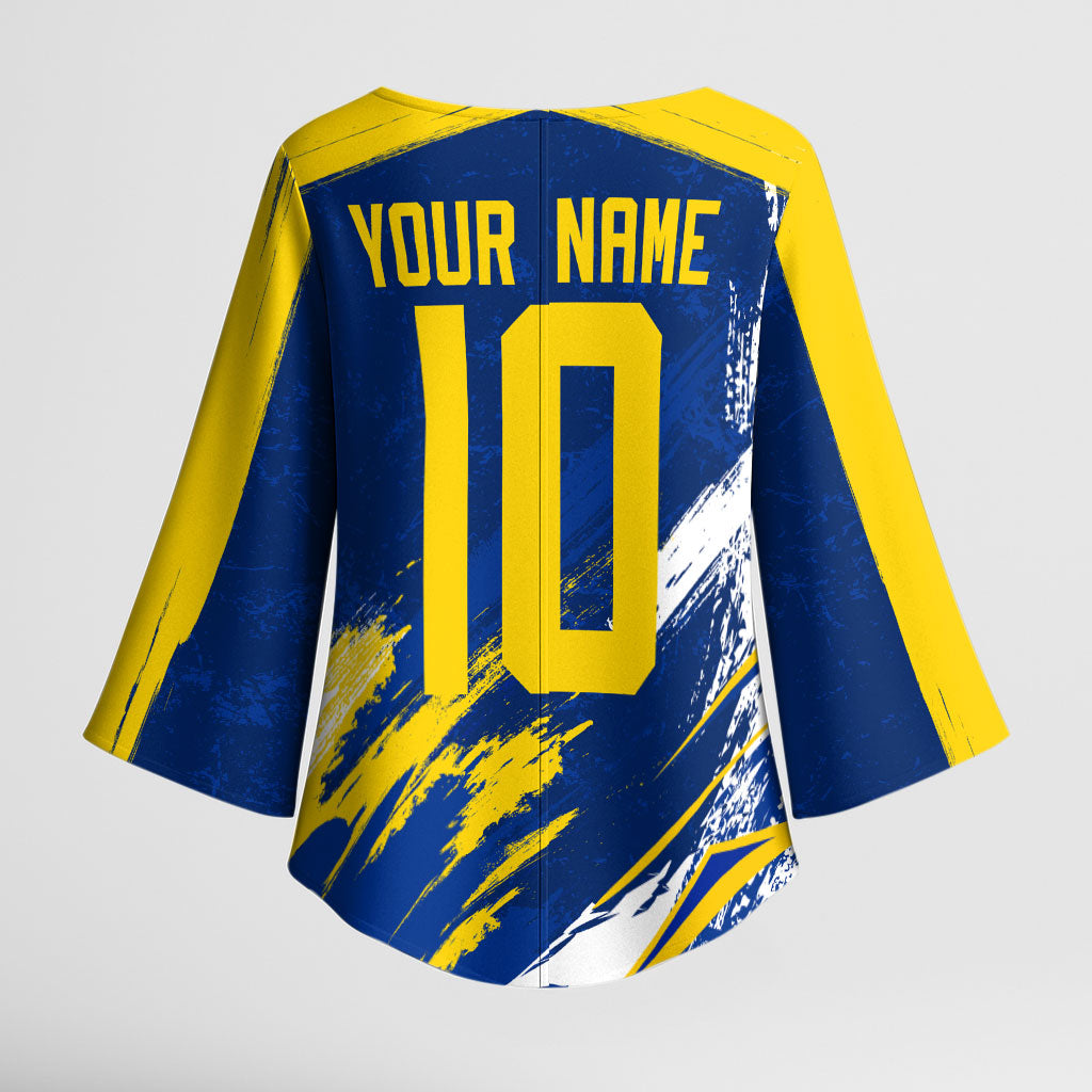 Personalized Sweden Dala Horse Soccer 2026 Kimono Sleeve Blouse Grunge Swedish Flag Brush Strokes