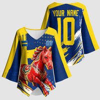 Personalized Sweden Dala Horse Soccer 2026 Kimono Sleeve Blouse Grunge Swedish Flag Brush Strokes