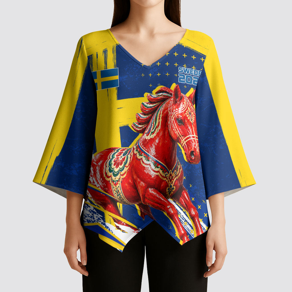 Personalized Sweden Dala Horse Soccer 2026 Kimono Sleeve Blouse Grunge Swedish Flag Brush Strokes
