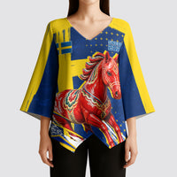 Personalized Sweden Dala Horse Soccer 2026 Kimono Sleeve Blouse Grunge Swedish Flag Brush Strokes