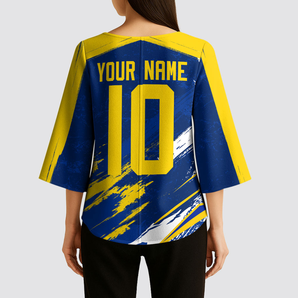 Personalized Sweden Dala Horse Soccer 2026 Kimono Sleeve Blouse Grunge Swedish Flag Brush Strokes