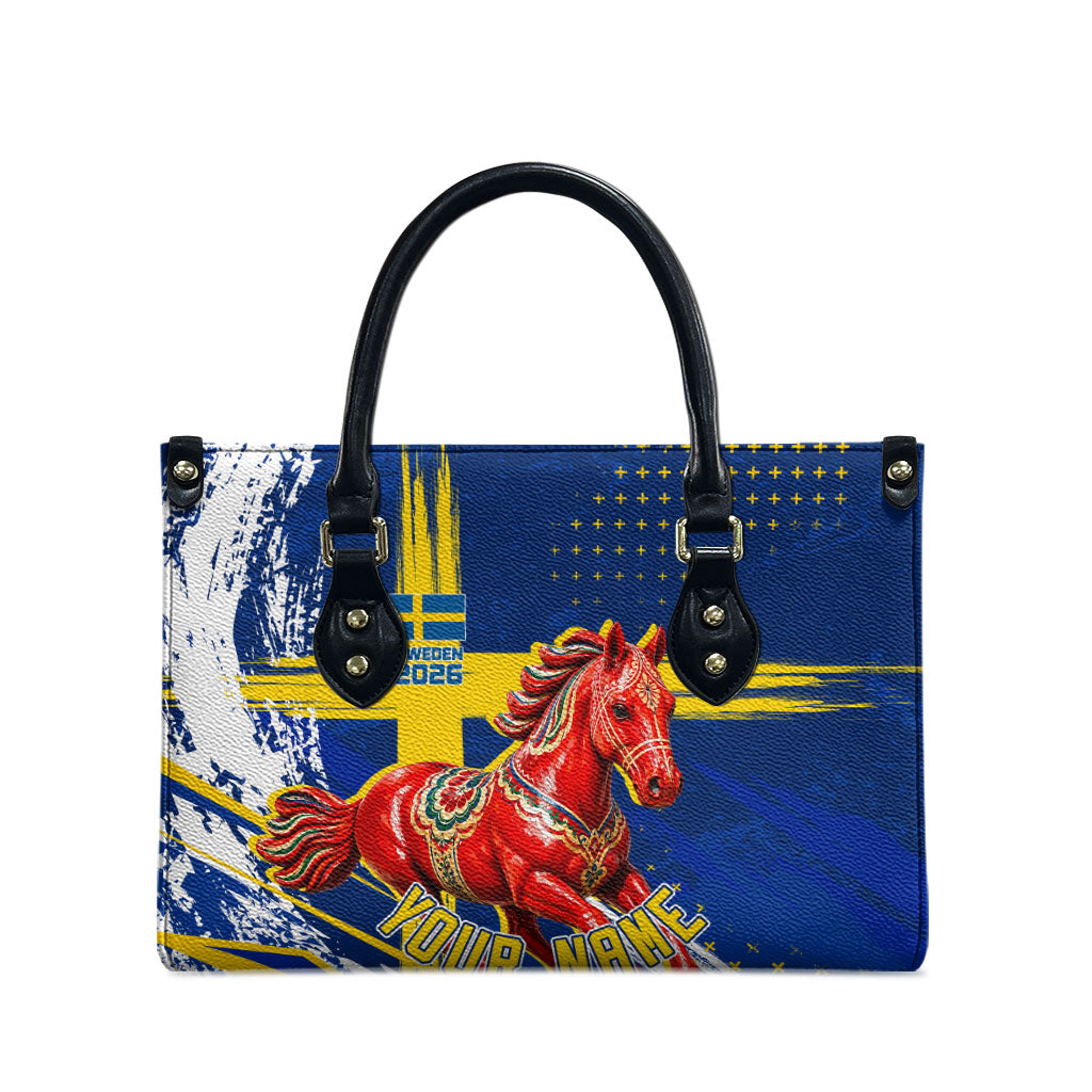 Personalized Sweden Dala Horse Soccer 2026 Leather Bag Grunge Swedish Flag Brush Strokes
