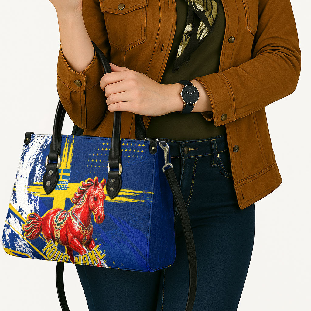 Personalized Sweden Dala Horse Soccer 2026 Leather Bag Grunge Swedish Flag Brush Strokes