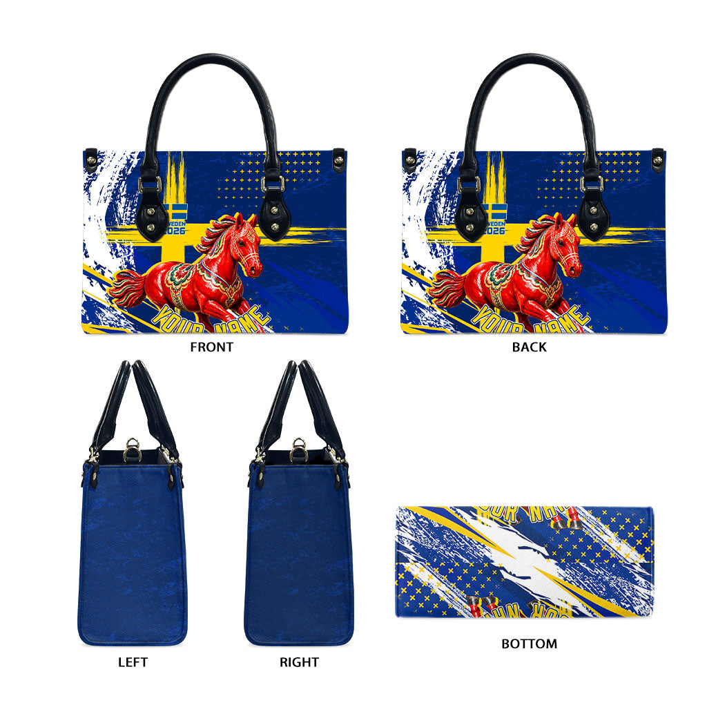 Personalized Sweden Dala Horse Soccer 2026 Leather Bag Grunge Swedish Flag Brush Strokes