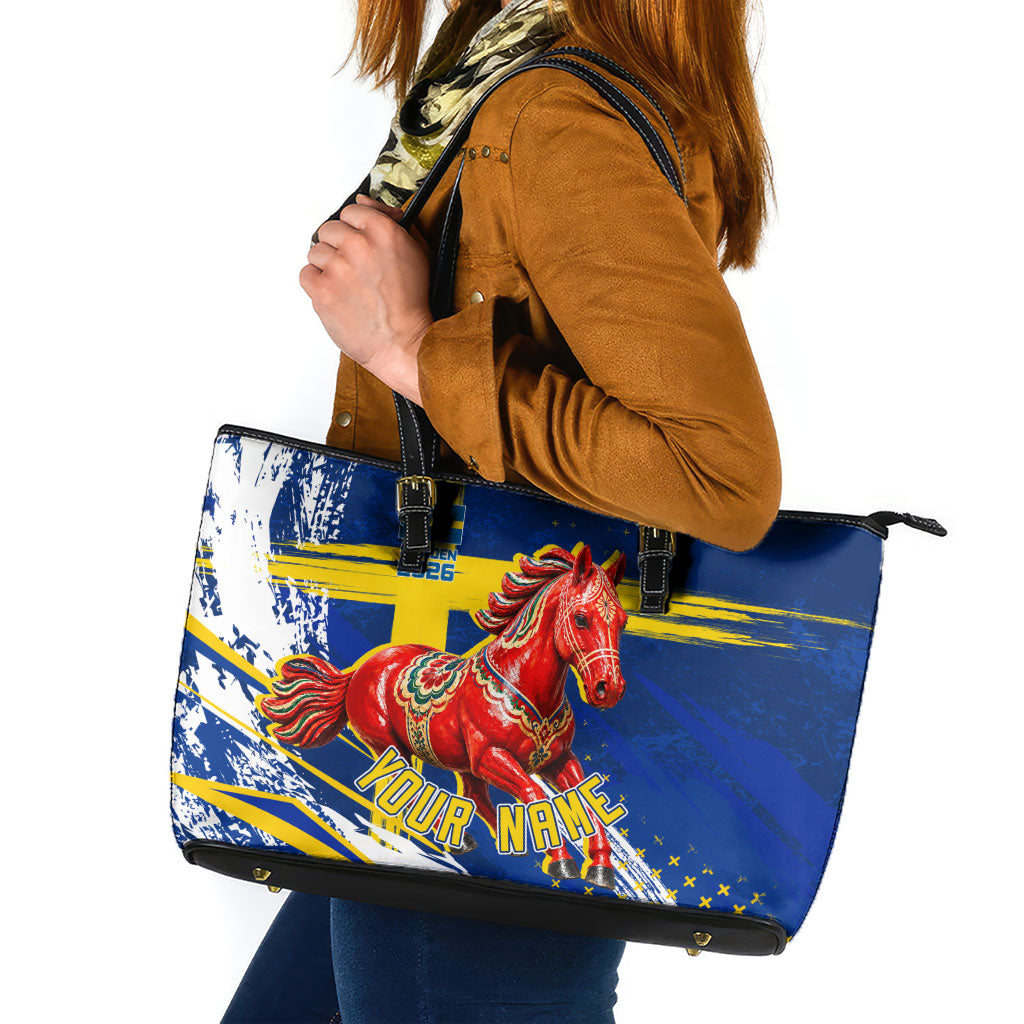 Personalized Sweden Dala Horse Soccer 2026 Leather Tote Bag Grunge Swedish Flag Brush Strokes