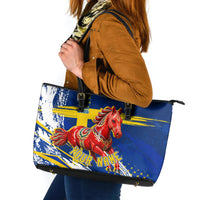 Personalized Sweden Dala Horse Soccer 2026 Leather Tote Bag Grunge Swedish Flag Brush Strokes