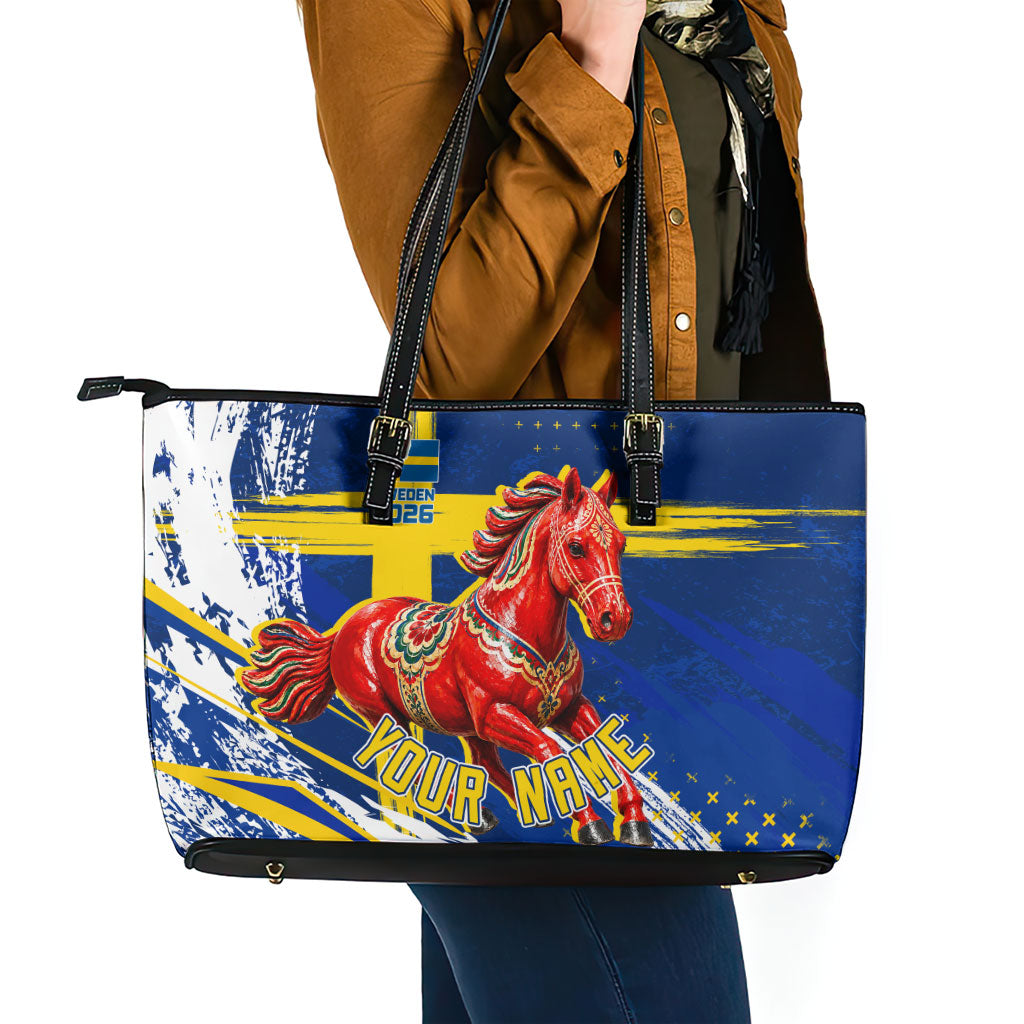 Personalized Sweden Dala Horse Soccer 2026 Leather Tote Bag Grunge Swedish Flag Brush Strokes