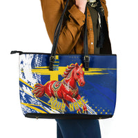 Personalized Sweden Dala Horse Soccer 2026 Leather Tote Bag Grunge Swedish Flag Brush Strokes