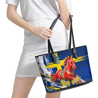 Personalized Sweden Dala Horse Soccer 2026 Leather Tote Bag Grunge Swedish Flag Brush Strokes