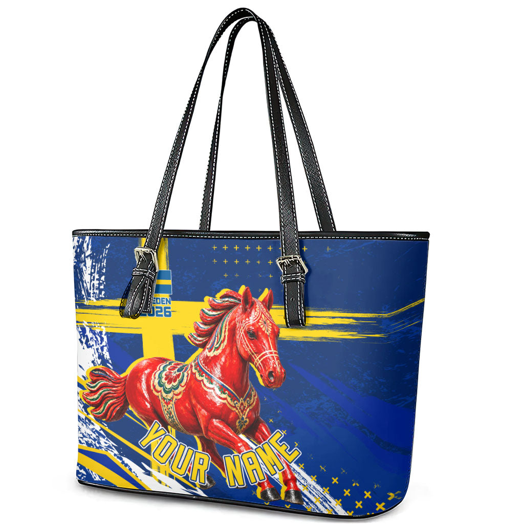 Personalized Sweden Dala Horse Soccer 2026 Leather Tote Bag Grunge Swedish Flag Brush Strokes