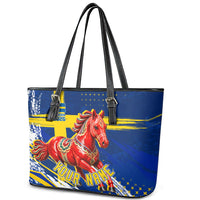 Personalized Sweden Dala Horse Soccer 2026 Leather Tote Bag Grunge Swedish Flag Brush Strokes