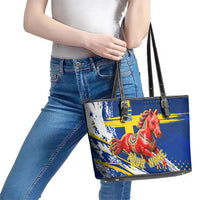 Personalized Sweden Dala Horse Soccer 2026 Leather Tote Bag Grunge Swedish Flag Brush Strokes