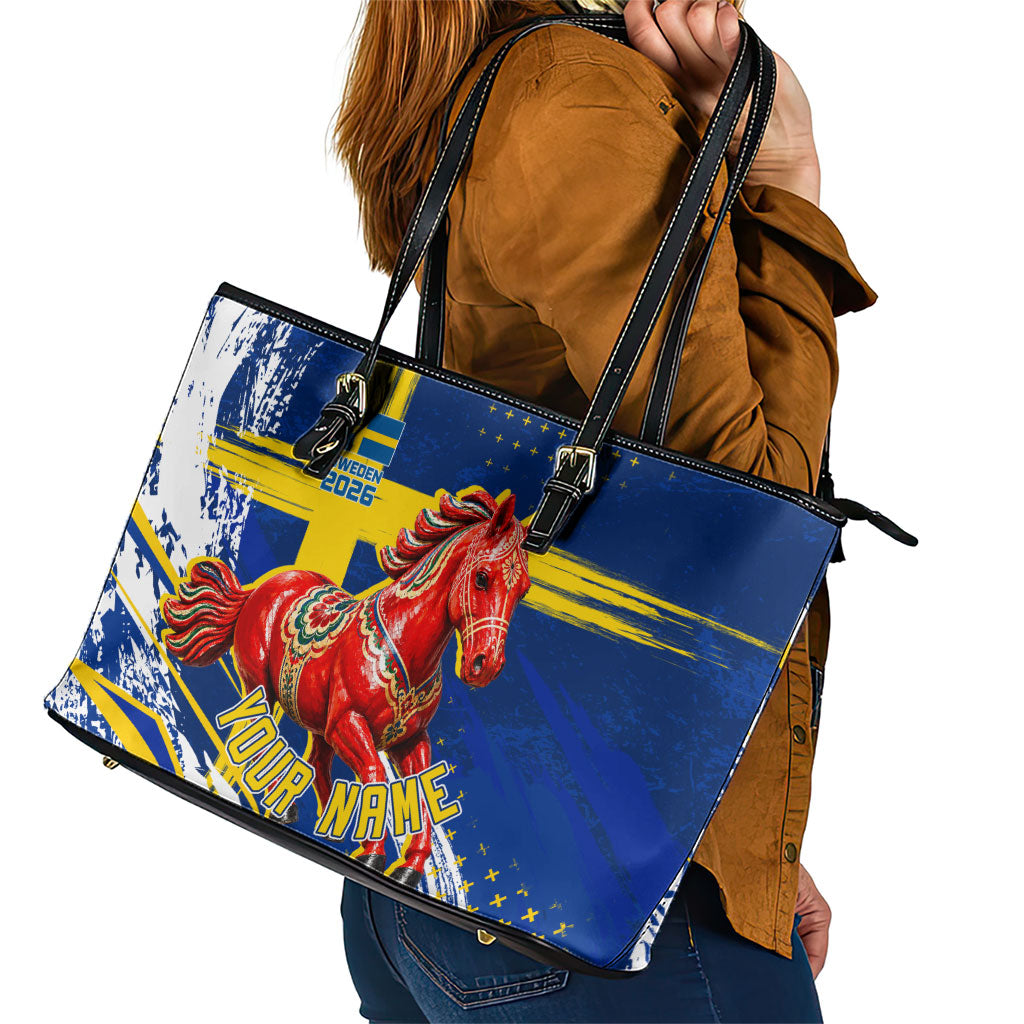 Personalized Sweden Dala Horse Soccer 2026 Leather Tote Bag Grunge Swedish Flag Brush Strokes