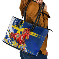 Personalized Sweden Dala Horse Soccer 2026 Leather Tote Bag Grunge Swedish Flag Brush Strokes