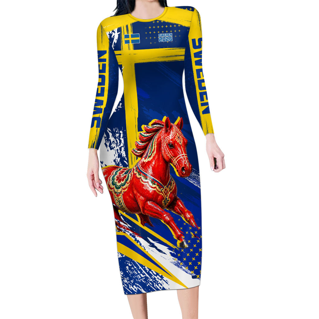 Personalized Sweden Dala Horse Soccer 2026 Long Sleeve Bodycon Dress Grunge Swedish Flag Brush Strokes