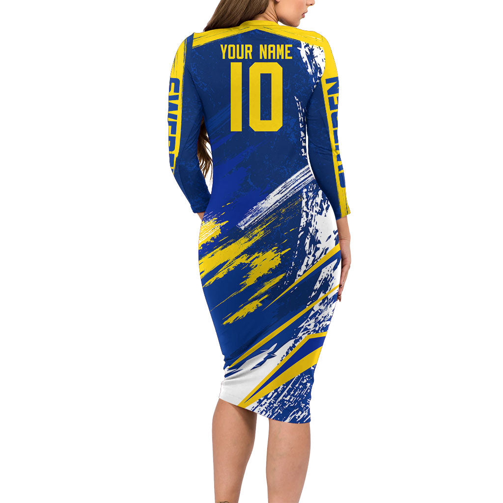 Personalized Sweden Dala Horse Soccer 2026 Long Sleeve Bodycon Dress Grunge Swedish Flag Brush Strokes