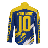 Personalized Sweden Dala Horse Soccer 2026 Long Sleeve Button Shirt Grunge Swedish Flag Brush Strokes