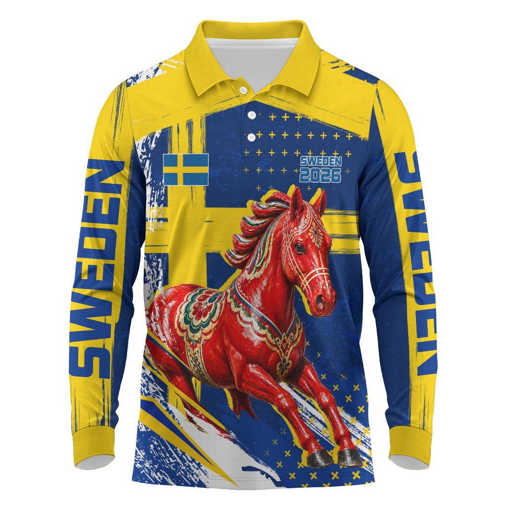 Personalized Sweden Dala Horse Soccer 2026 Long Sleeve Polo Shirt Grunge Swedish Flag Brush Strokes