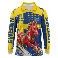 Personalized Sweden Dala Horse Soccer 2026 Long Sleeve Polo Shirt Grunge Swedish Flag Brush Strokes