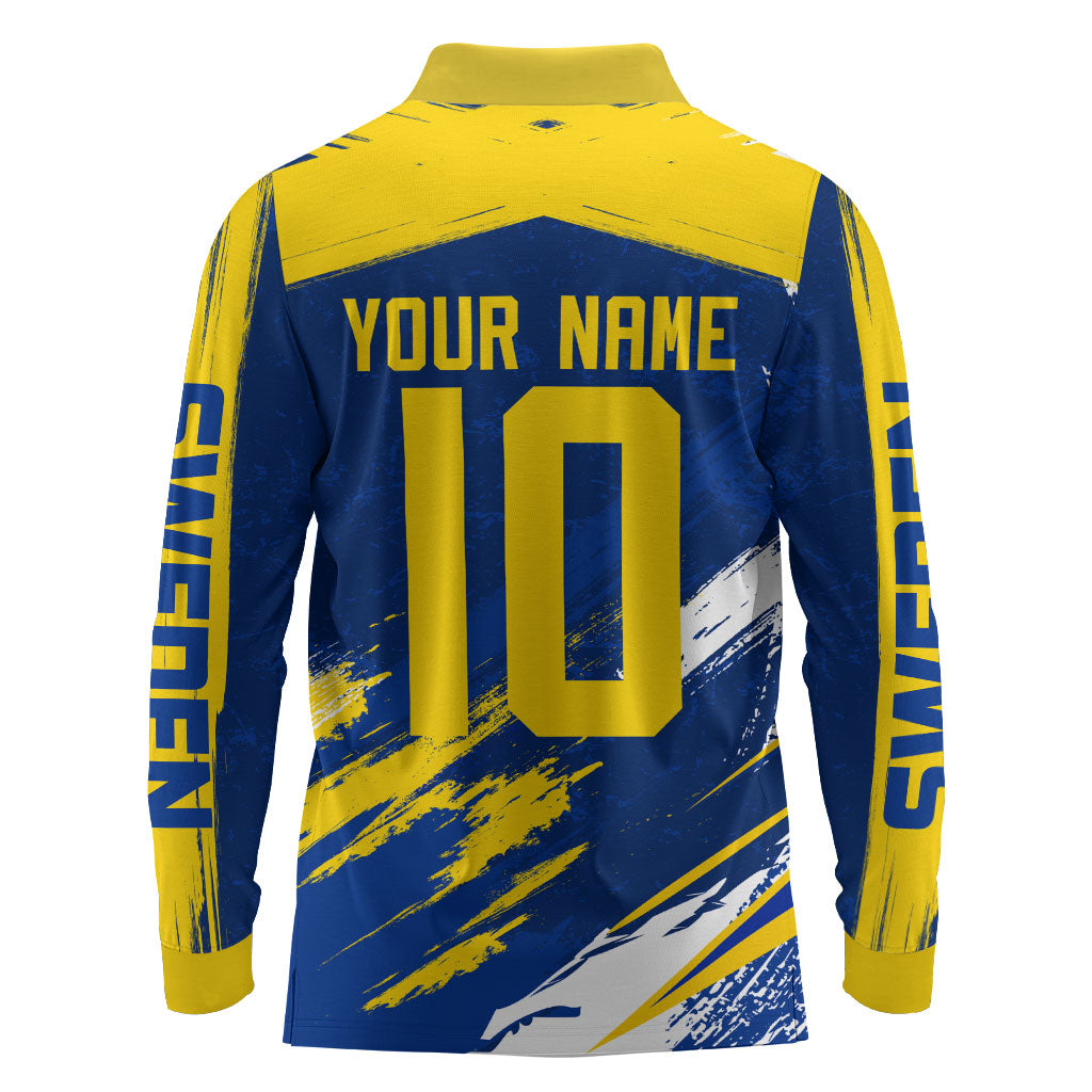 Personalized Sweden Dala Horse Soccer 2026 Long Sleeve Polo Shirt Grunge Swedish Flag Brush Strokes