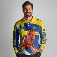 Personalized Sweden Dala Horse Soccer 2026 Long Sleeve Polo Shirt Grunge Swedish Flag Brush Strokes