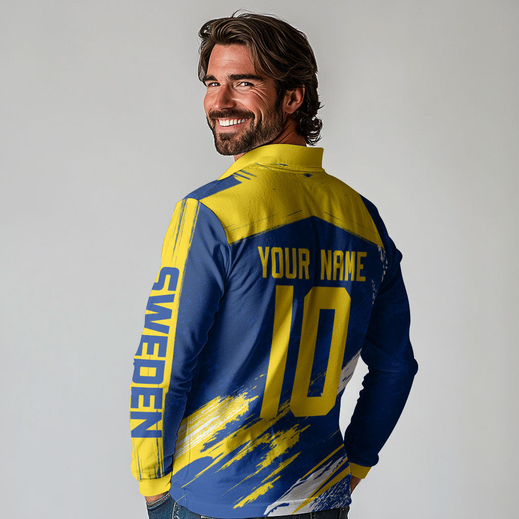 Personalized Sweden Dala Horse Soccer 2026 Long Sleeve Polo Shirt Grunge Swedish Flag Brush Strokes