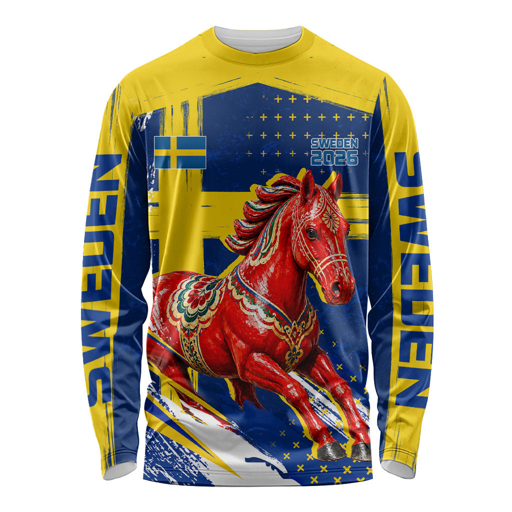 Personalized Sweden Dala Horse Soccer 2026 Long Sleeve Shirt Grunge Swedish Flag Brush Strokes