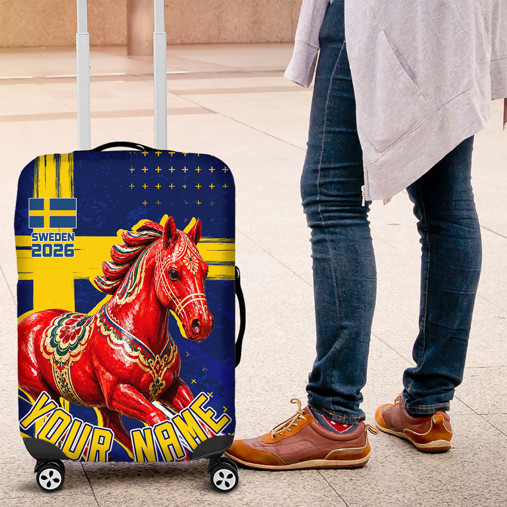 Personalized Sweden Dala Horse Soccer 2026 Luggage Cover Grunge Swedish Flag Brush Strokes