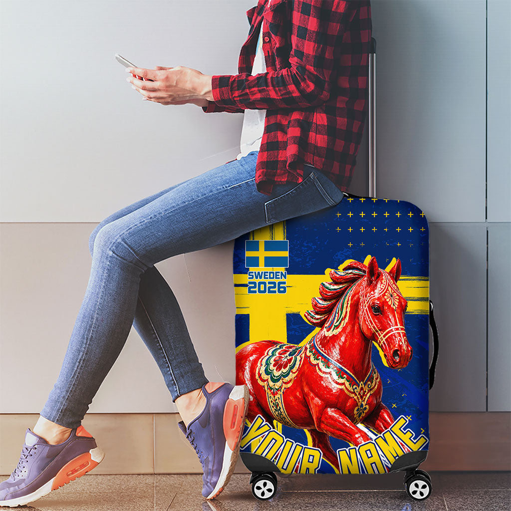 Personalized Sweden Dala Horse Soccer 2026 Luggage Cover Grunge Swedish Flag Brush Strokes