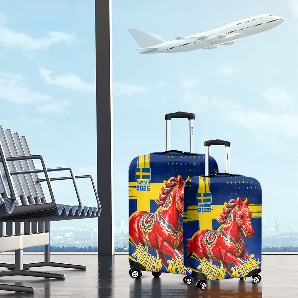 Personalized Sweden Dala Horse Soccer 2026 Luggage Cover Grunge Swedish Flag Brush Strokes