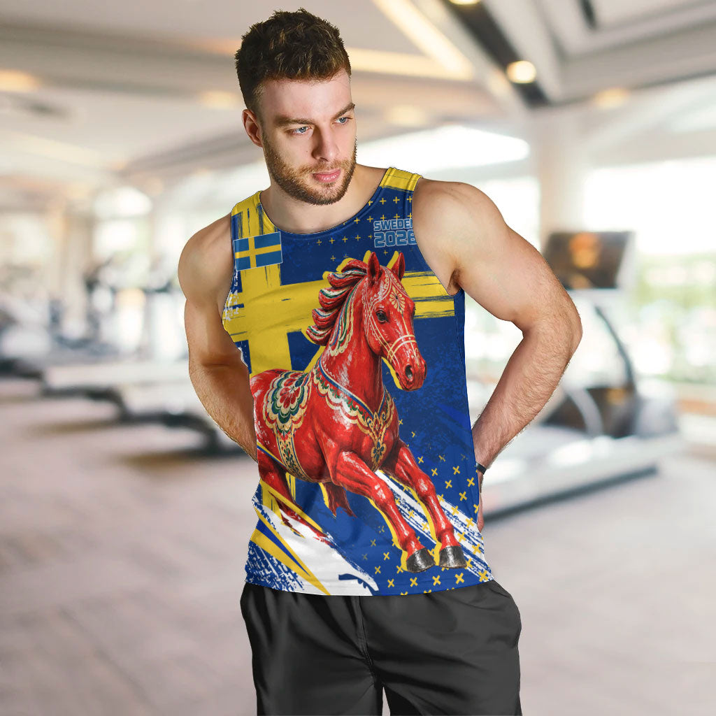 Personalized Sweden Dala Horse Soccer 2026 Men Tank Top Grunge Swedish Flag Brush Strokes