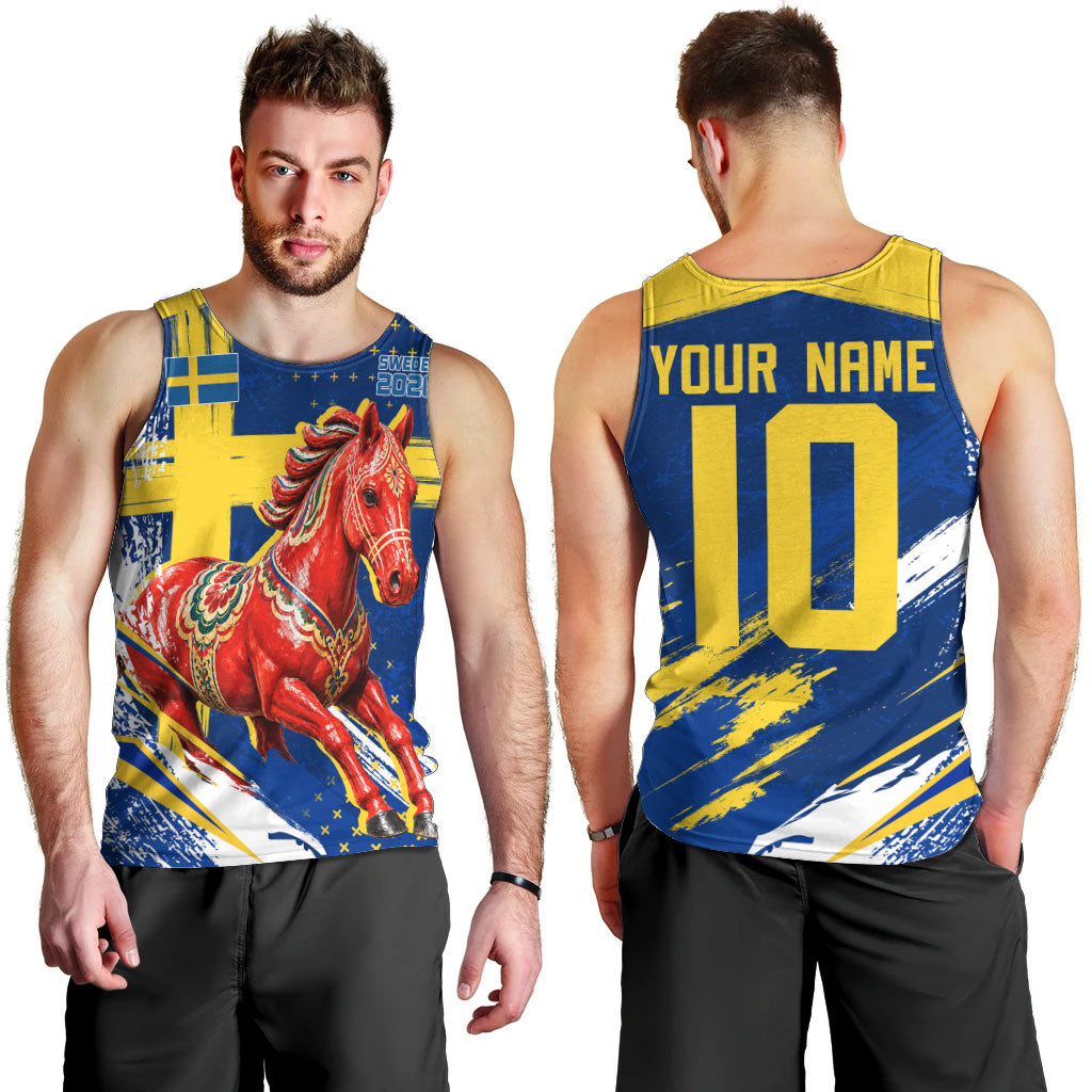 Personalized Sweden Dala Horse Soccer 2026 Men Tank Top Grunge Swedish Flag Brush Strokes