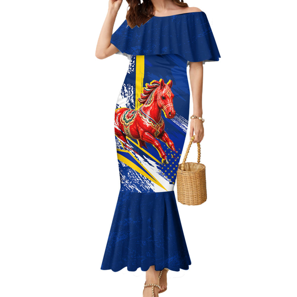 Personalized Sweden Dala Horse Soccer 2026 Mermaid Dress Grunge Swedish Flag Brush Strokes