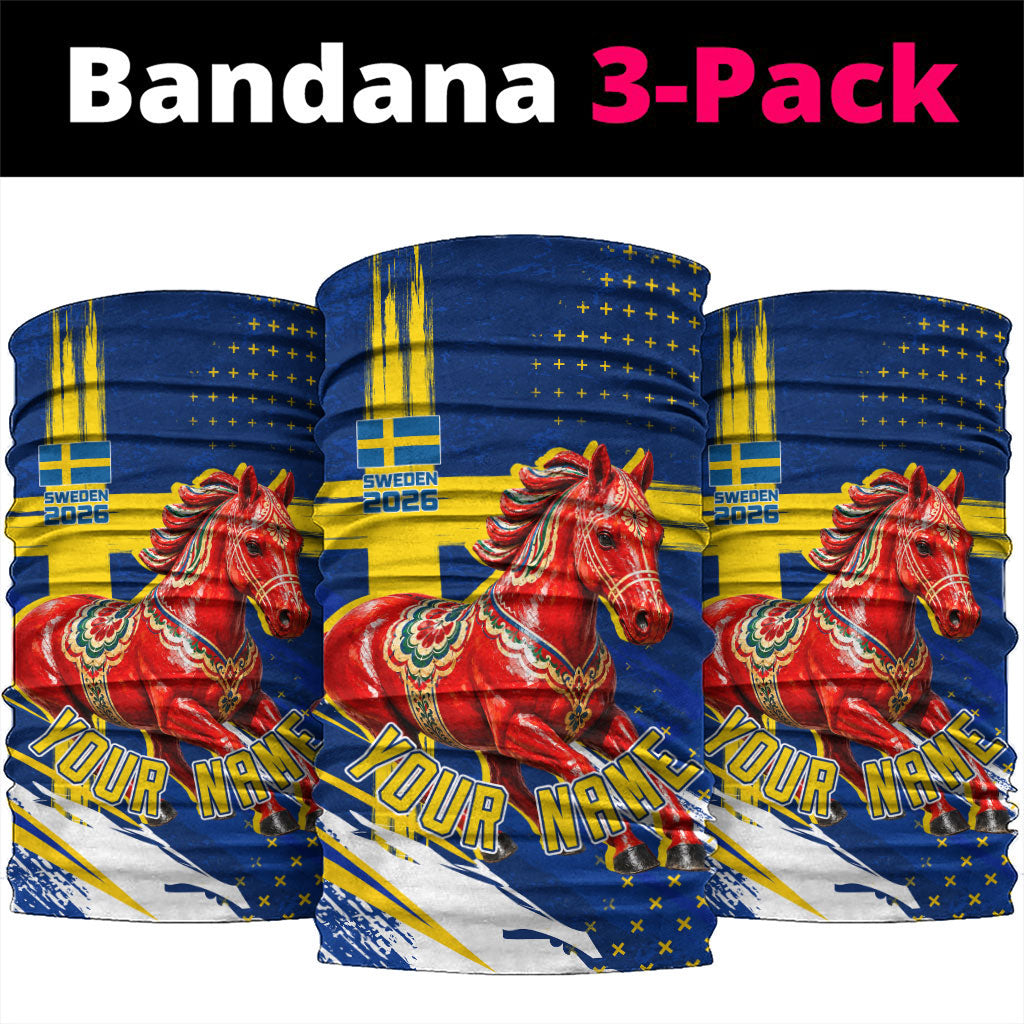 Personalized Sweden Dala Horse Soccer 2026 Neck Gaiter Grunge Swedish Flag Brush Strokes